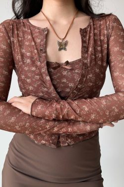 Vintage Floral Camisole Cardigan Two-Piece Set - Women's Slim Fit Crop Top and Cardigan - Trendy Hot Girl Outfit for Y2K Style