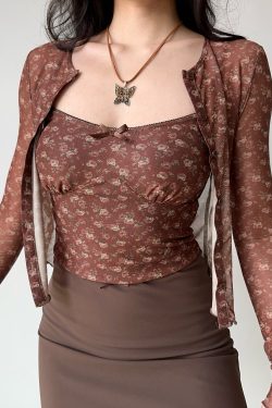 Vintage Floral Camisole Cardigan Two-Piece Set - Women's Slim Fit Crop Top and Cardigan - Trendy Hot Girl Outfit for Y2K Style