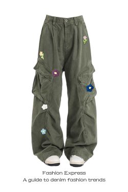 Vintage Floral Embroidery Army Green Workwear Denim Pants for Women - Loose Wide-Leg Floor-Length Trousers for Autumn/Winter