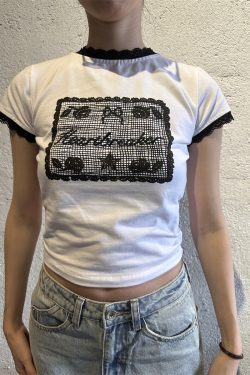 Vintage Floral Lace Printed Round Neck Short Sleeve T-Shirt for Women - Cute American Style Spring Fashion