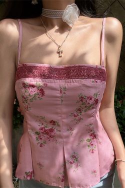 Vintage Floral Lace Square Neck Camisole Top - Handmade Waist-Cinching Vacation Style for Women, Perfect for French-Inspired 90s Looks