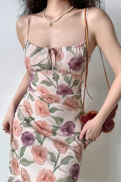 Vintage Floral Print Cami Dress for Women - Slim Fit Sexy Summer Long Dress, Perfect for 90s Y2K Style Fashion