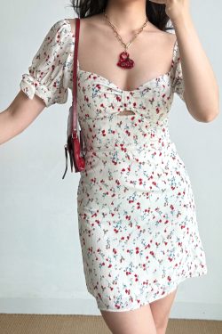 Vintage Floral Short Sleeve Dress with Front Bow and Hollow Waist - Summer 90s Style for Women