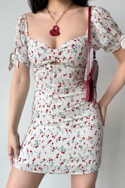 Vintage Floral Short Sleeve Dress with Front Bow and Hollow Waist - Summer 90s Style for Women