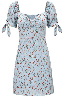 Vintage Floral Short Sleeve Dress with Front Bow and Hollow Waist - Summer 90s Style for Women