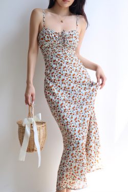 Vintage Floral Tie Cami Dress for Women - Slim Fit Waist-Defining Mini Dress - Perfect for Vacation, 90s Inspired Fashion