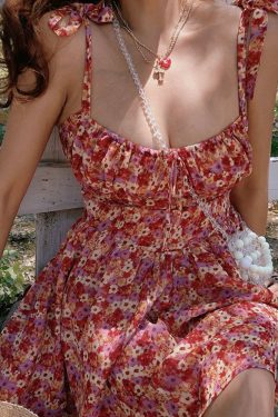 Vintage Floral Waist-Cinched Cami Dress with Square Neck - Spring/Summer 2025 Vacation Style, Y2K Inspired Fashion