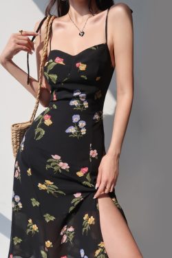 Vintage French Black Printed High-Waisted Camisole Dress with Side Slit and Tie-Up Detail - Sexy Slimming Long Dress for Women