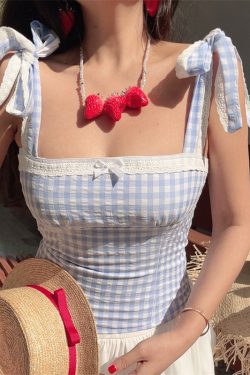 Vintage French Checkered Camisole for Women - Handmade Flat Collar with Lace Bow Tie - Spring/Summer Vacation Style