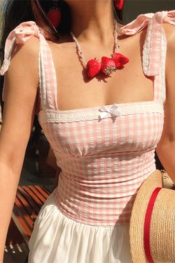 Vintage French Checkered Camisole for Women - Handmade Flat Collar with Lace Bow Tie - Spring/Summer Vacation Style