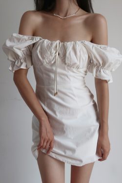 Vintage French Court Style White Dress with Puff Sleeves, Square Neck, One-Shoulder Tie, Waist-Cinched, Open Back, Short Skirt for Vacation