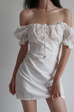 Vintage French Court Style White Dress with Puff Sleeves, Square Neck, One-Shoulder Tie, Waist-Cinched, Open Back, Short Skirt for Vacation
