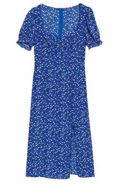 Vintage French Floral Cottage Dress with Square Neck, Pleated Design, Puff Sleeves, and Side Slit - Perfect for Y2K and 90s Style