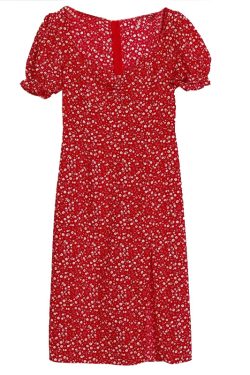 Vintage French Floral Cottage Dress with Square Neck, Pleated Design, Puff Sleeves, and Side Slit - Perfect for Y2K and 90s Style