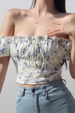 Vintage French Floral Tie Bow One-Shoulder Puff Sleeve Short Shirt for Women - Slim Fit Square Neck Y2K Style