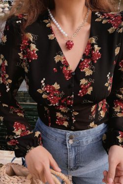 Vintage French Grape Print V-Neck Puff Sleeve Oversized Slimming Shirt Top - DIY 90s Inspired Fashion