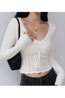 Vintage French Hollow Square Neck Long Sleeve Knitted Sweater with Drawstring Waist - Versatile Slimming Pullover Outerwear for Girls