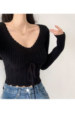 Vintage French Hollow Square Neck Long Sleeve Knitted Sweater with Drawstring Waist - Versatile Slimming Pullover Outerwear for Girls