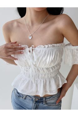 Vintage French One-Shoulder Flowy Sleeve Blouse - White Fairy Shirt for Vacation, Tied Design, Perfect for Y2K and Boho Styles