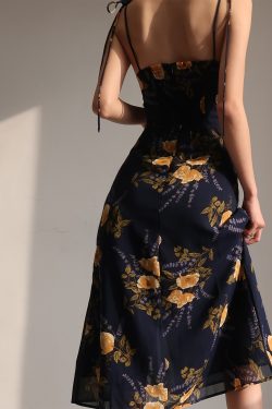 Vintage French Orange Floral Spaghetti Strap Dress with Tie Waist, Slimming Side Slit, Knee-Length Mid Skirt - Y2K Style