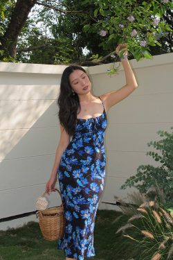 Vintage French Printed Camisole Dress for Women, Sexy Slim Fit Backless Long Dress, Perfect for Summer and Y2K Style