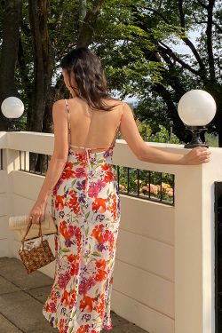 Vintage French Printed Camisole Dress for Women, Sexy Slim Fit, Split Long Skirt, Chic Summer Fashion, Boho Style