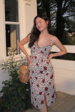 Vintage French Printed Camisole Dress for Women, Sexy Slim Fit with Split Long Skirt, Bohemian Style, Summer Fashion