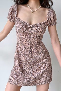 Vintage French Puff Sleeve Floral Dress for Women - A-Line Short Skirt, Square Neck, Perfect for Y2K and Retro Style