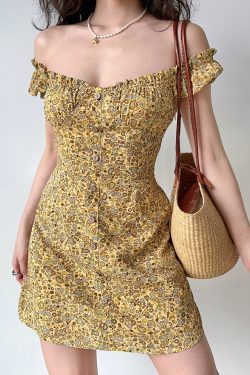 Vintage French Puff Sleeve Floral Dress for Women - A-Line Short Skirt, Square Neck, Perfect for Y2K and Retro Style