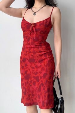 Vintage French Red Printed Cami Dress - Mid-Length Summer Vacation Dress for Women - Trendy 90s Inspired Style