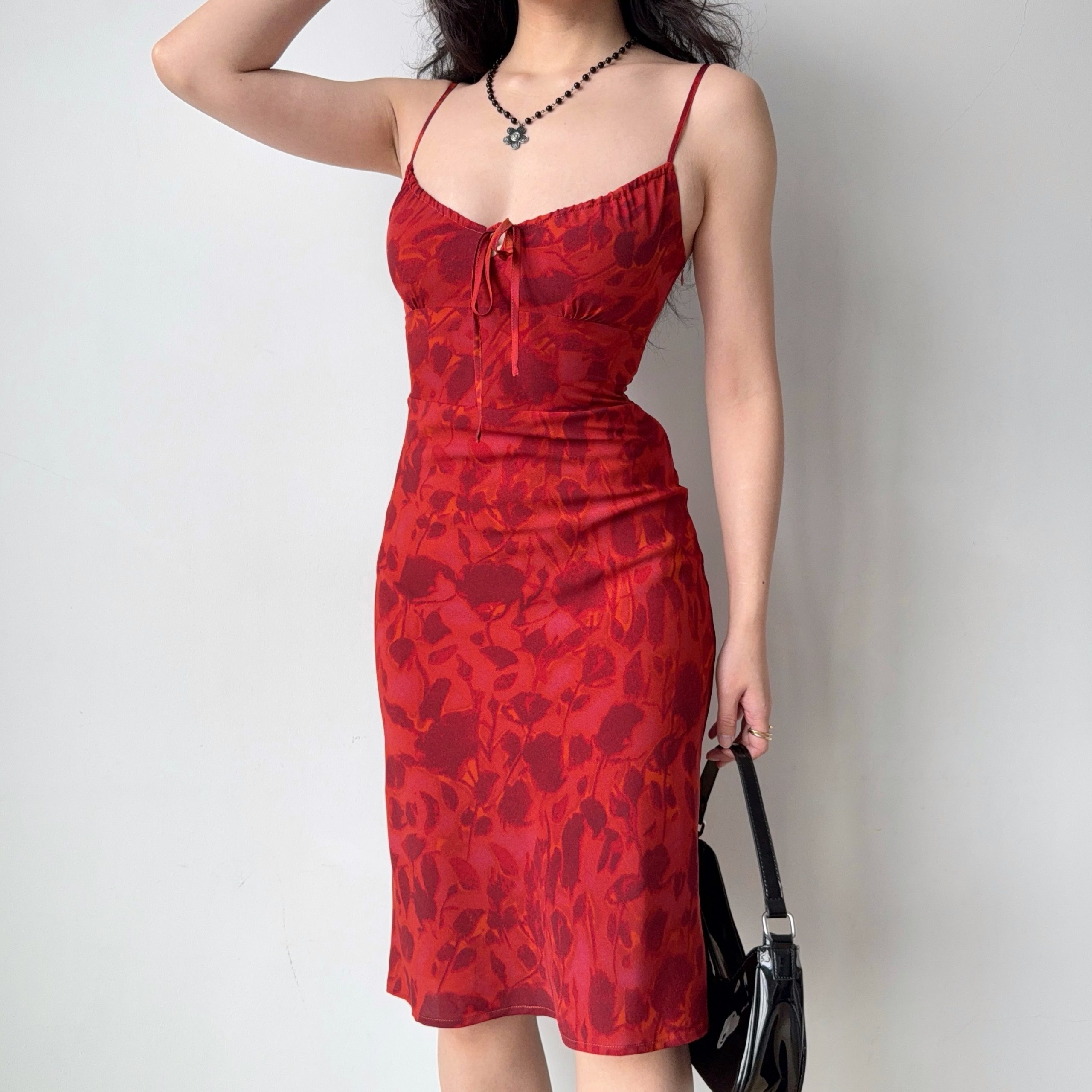 Vintage French Red Printed Cami Dress - Mid-Length Summer Vacation Dress for Women - Trendy 90s Inspired Style Vintage French Red Printed Cami Dress - Mid-Length Summer Vacation Dress for Women - Trendy 90s Inspired Style