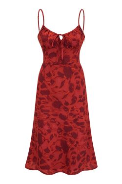 Vintage French Red Printed Cami Dress - Mid-Length Summer Vacation Dress for Women - Trendy 90s Inspired Style