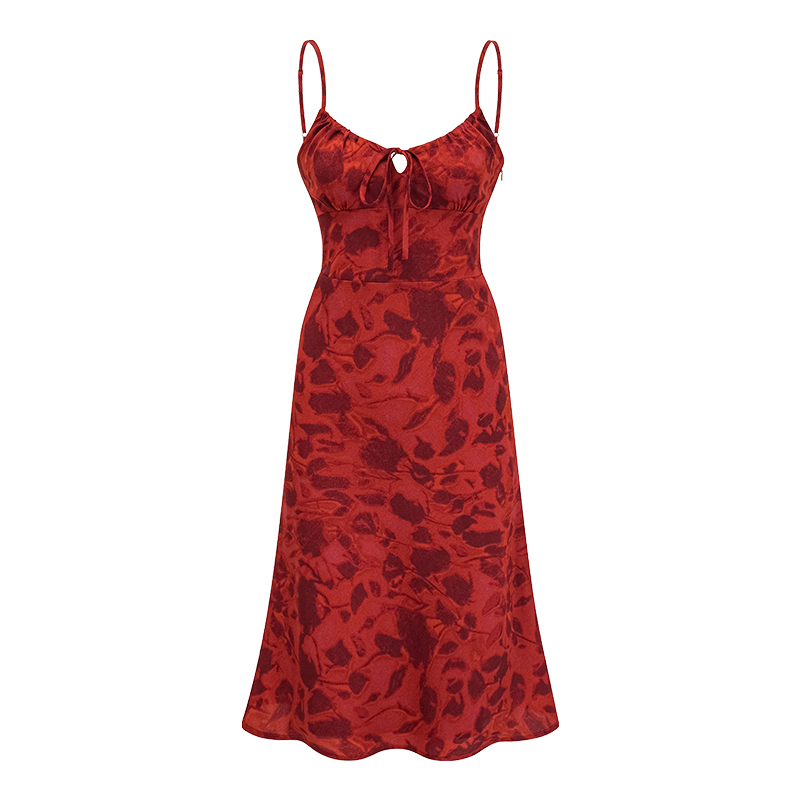 Vintage French Red Printed Cami Dress - Mid-Length Summer Vacation Dress for Women - Trendy 90s Inspired Style Vintage French Red Printed Cami Dress - Mid-Length Summer Vacation Dress for Women - Trendy 90s Inspired Style