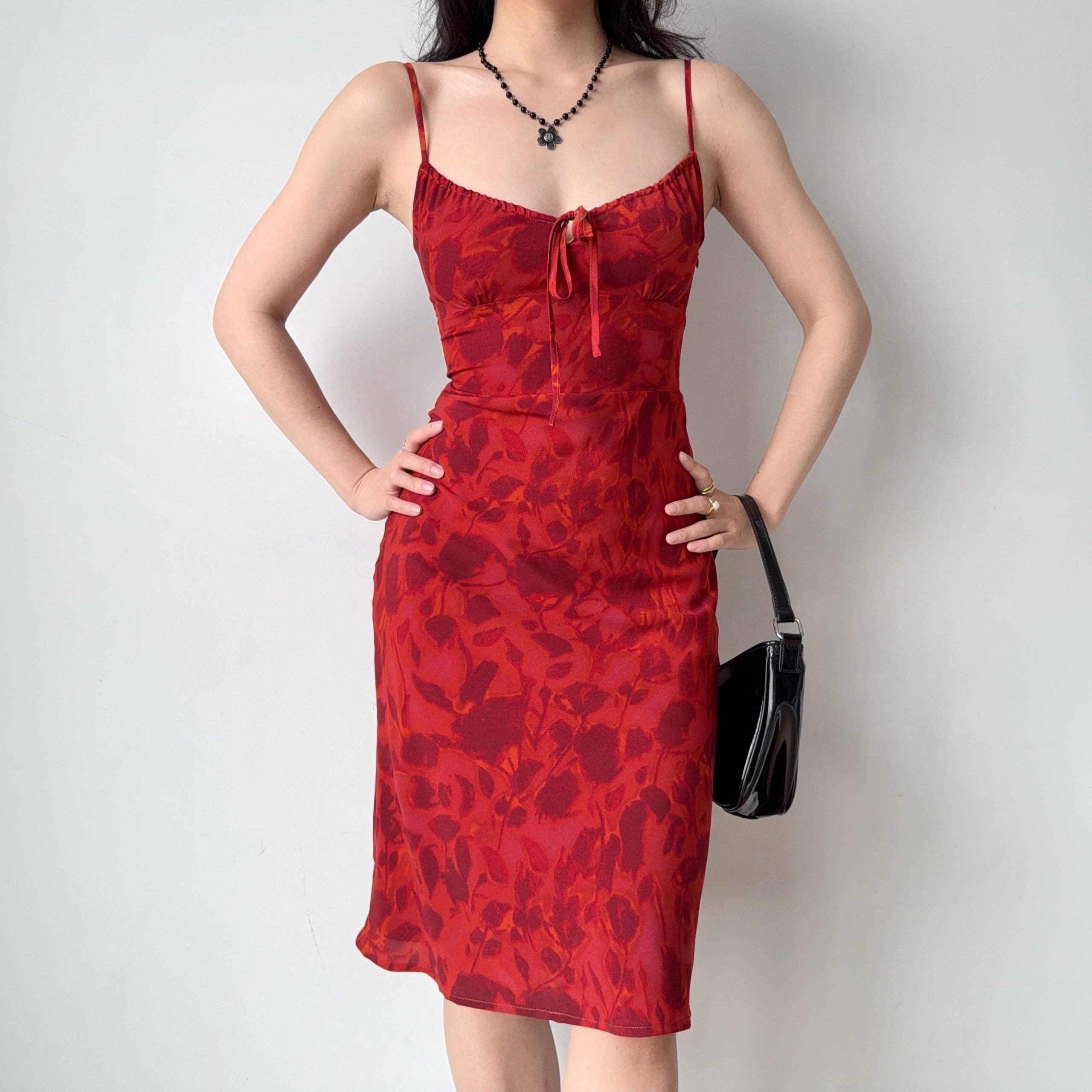 Vintage French Red Printed Cami Dress - Mid-Length Summer Vacation Dress for Women - Trendy 90s Inspired Style Vintage French Red Printed Cami Dress - Mid-Length Summer Vacation Dress for Women - Trendy 90s Inspired Style