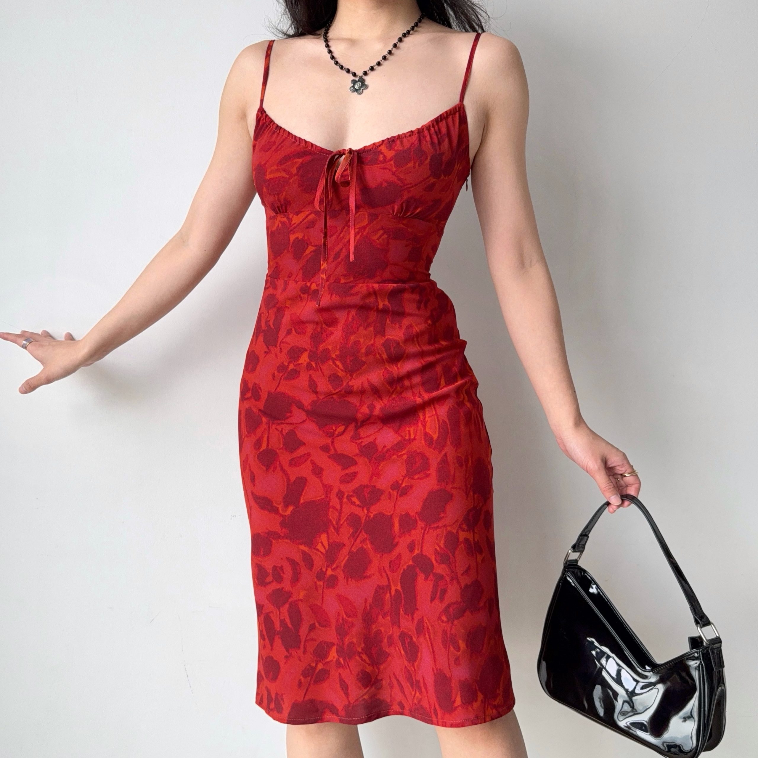 Vintage French Red Printed Cami Dress - Mid-Length Summer Vacation Dress for Women - Trendy 90s Inspired Style Vintage French Red Printed Cami Dress - Mid-Length Summer Vacation Dress for Women - Trendy 90s Inspired Style