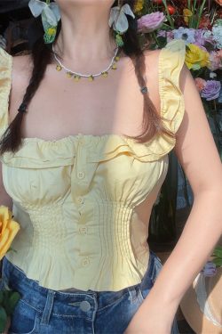 Vintage French Ruffled Sleeveless Shirt with Large Square Collar - Handmade Spring/Summer 2025 Vacation Top for Women