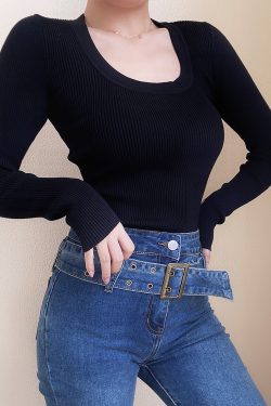 Vintage French Square Neck High Waist Long Sleeve Knit Top - Slim Fit Solid Color, Chic 90s Style Fashion