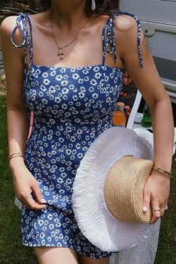 Vintage French Square Neck Tie Blue Floral Slip Dress - 2022 Spring/Summer Vacation Style, Perfect for Y2K and 90s Inspired Looks