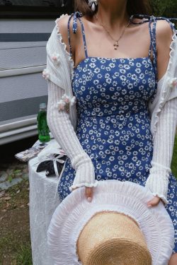 Vintage French Square Neck Tie Blue Floral Slip Dress - 2022 Spring/Summer Vacation Style, Perfect for Y2K and 90s Inspired Looks