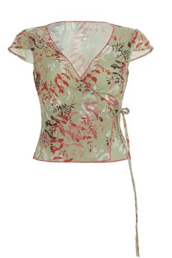 Vintage French Style Lace-Up Short Sleeve T-Shirt for Women, Low V-Neck, Waist-Defined, Summer Fashion Top, Dappled Branch Design