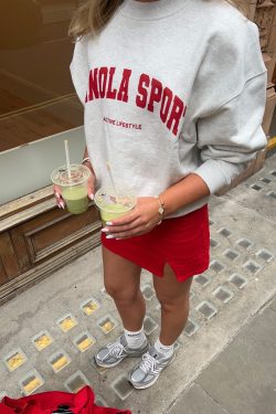 Vintage Gray Letter Print Loose Round Neck Sweatshirt for Women - Trendy High Street Casual Autumn Top