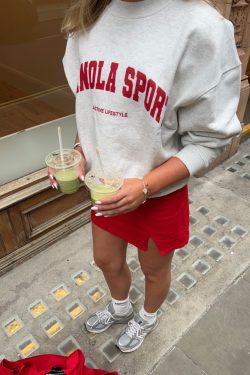 Vintage Gray Letter Print Loose Round Neck Sweatshirt for Women - Trendy High Street Casual Autumn Top