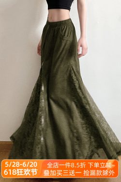 Vintage Green Field Redemption Long Skirt for Women - Zipper Lace Splicing Straight Tube Design - Chic Half Skirt Fashion