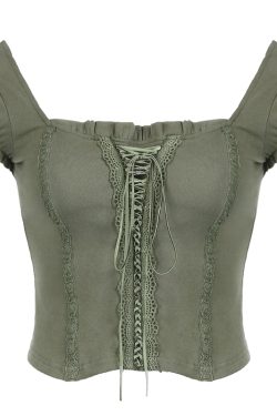Vintage Green Lace Trimmed Tie T-shirt - Retro Square Neck Slim Fit Short Top in Forest Style, Perfect for Y2K and 90s Fashion