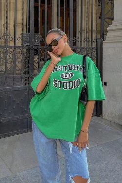 Vintage Green Letter Oversized Short-Sleeve T-Shirt for Women - Retro High Street Style Hot Girl Top, Y2K Fashion