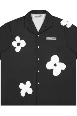 Vintage Hand-Drawn Floral Cuban Collar Short Sleeve Shirt - Harsh and Cruel Inspired Silhouette, Y2K Aesthetic