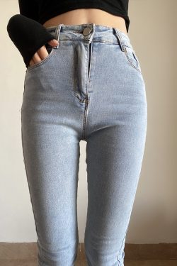 Vintage High-Waisted One-Button Denim Pants for Women - Butt-Lifting Elastic Pencil Trousers in Solid Color - Versatile Long Pants