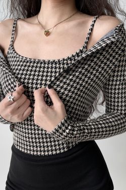 Vintage Houndstooth Camisole and Cardigan Two-Piece Set for Women - Slim Fit Short Top, Y2K Inspired Fashion