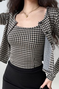 Vintage Houndstooth Camisole and Cardigan Two-Piece Set for Women - Slim Fit Short Top, Y2K Inspired Fashion