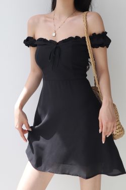 Vintage-Inspired Black Puff Sleeve One-Shoulder Dress for Women - Summer Bow Tie Waist-Cinched A-Line Short Skirt